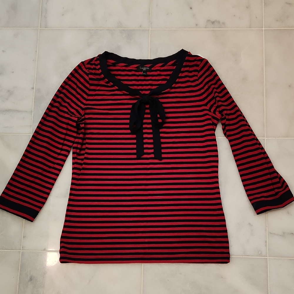 Dressy Red and Navy Blue  Striped Top with Bow